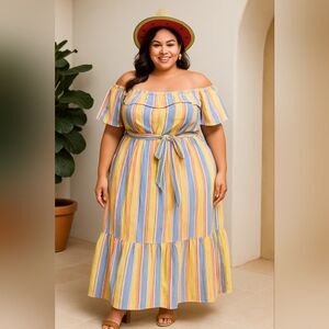 XXL boho Maxi Dress Striped Off-Shoulder Summer